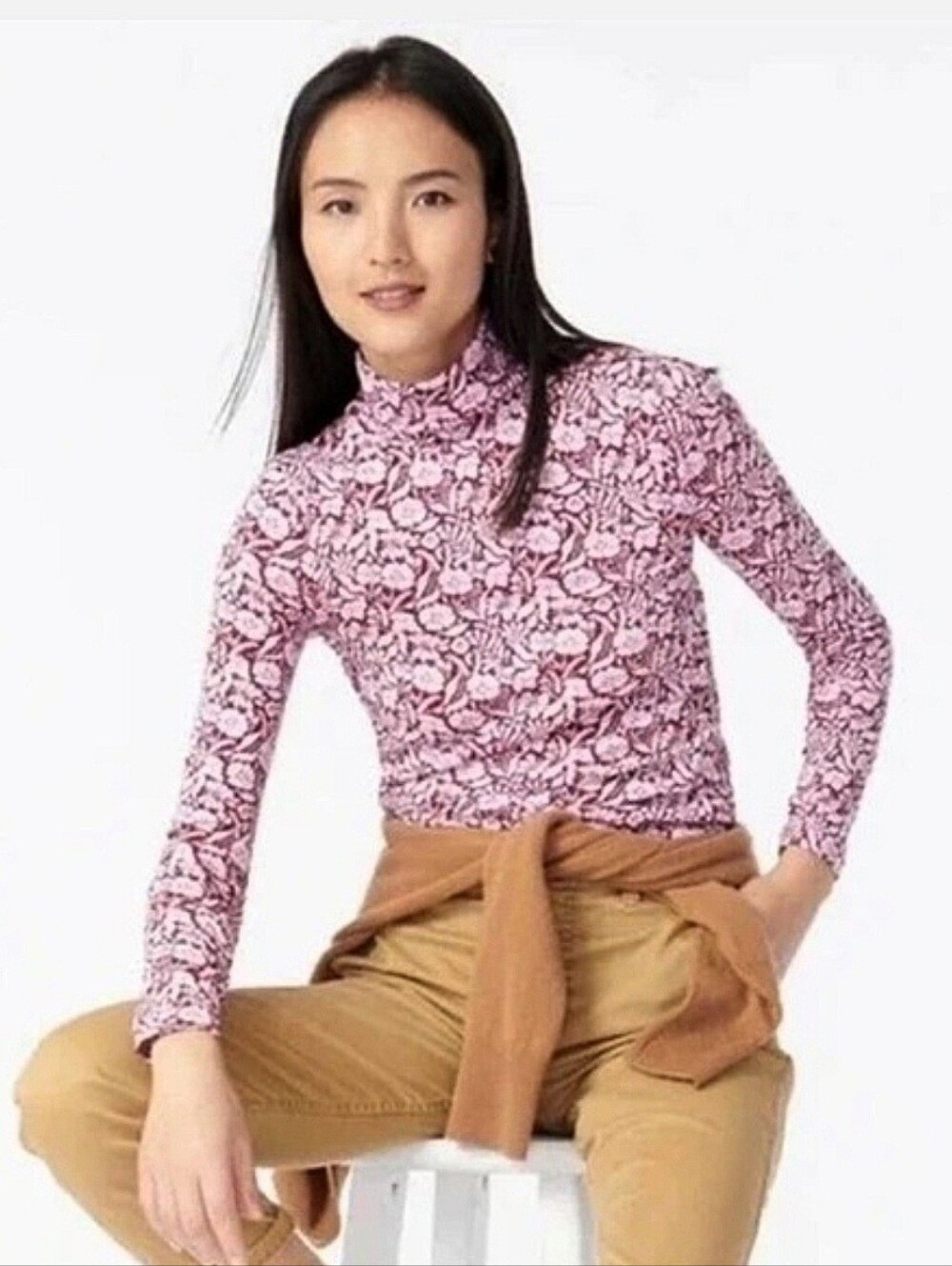 J Crew Tissue Turtleneck Tee Floral Print 100% Cotton Lightweight Slim Fit LG